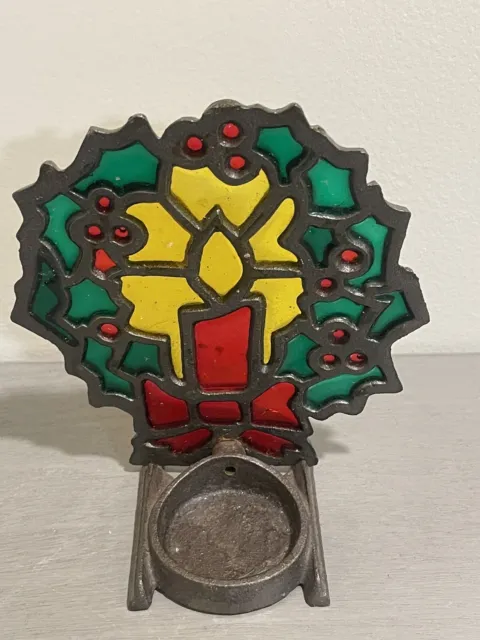 VINTAGE Stained Glass Cast Iron Christmas Wreath Tea Light Votive Candle Holder