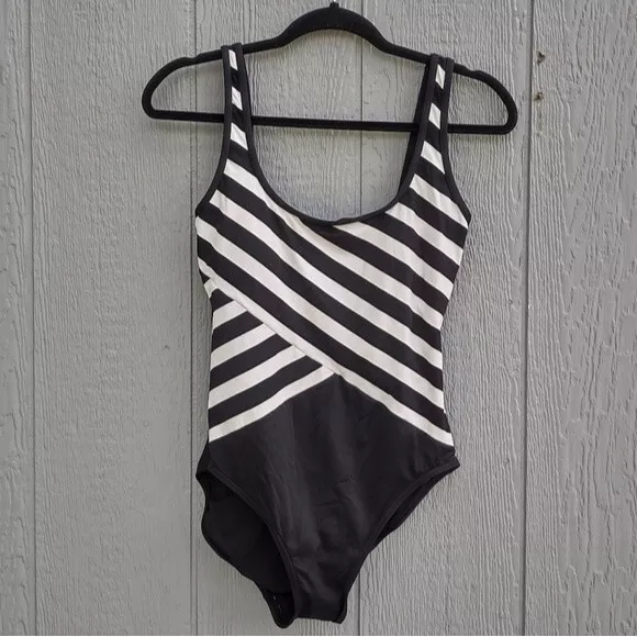 DKNY Swim One Piece Asymmetric Striped Swimsuit Size 10 Black & White Beach Pool