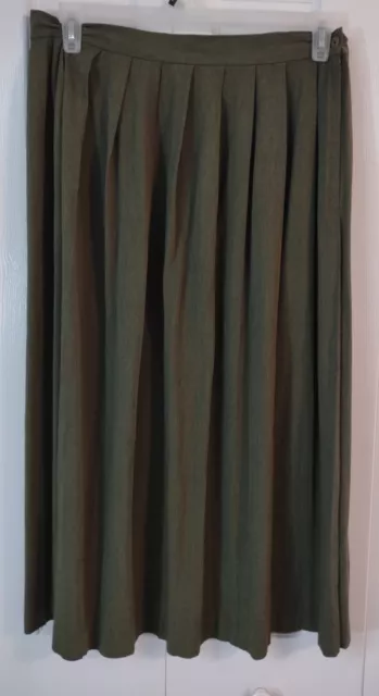 Ladies Green Pleated Skirt-Fitted Waist-Long-Zipper-Size 16-Ellen Fig/Career