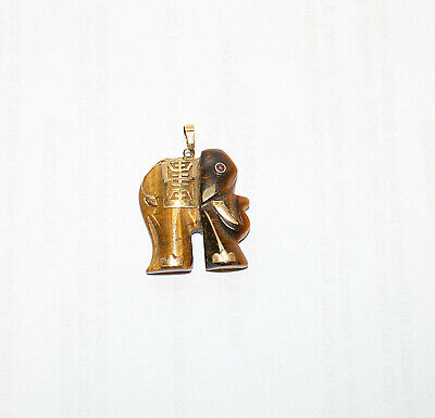 Great Old Carved Stone Elephant Gold Tone Costume Pendant
