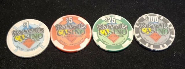 Set of 4 Casino Chips~ Rascals Casino Café ▪︎Lounge ~Seattle Washington