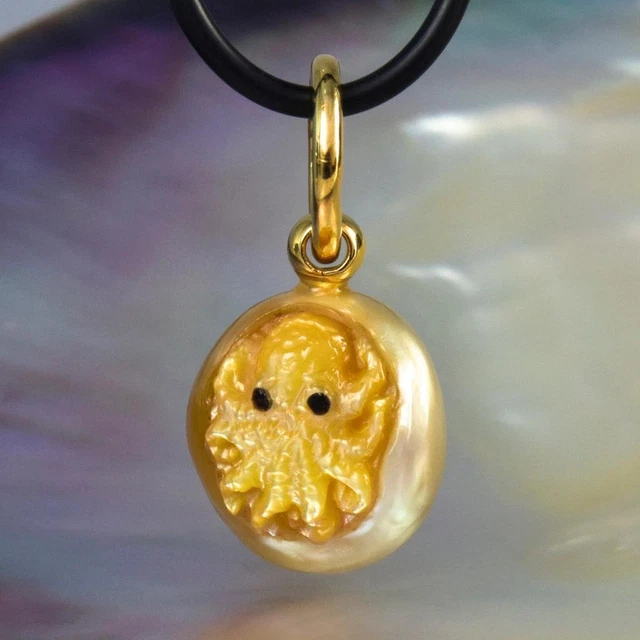 Octopus Pendant South Sea Pearl Carved Mother-of-Pearl & Vermeil Sterling 5.78 g