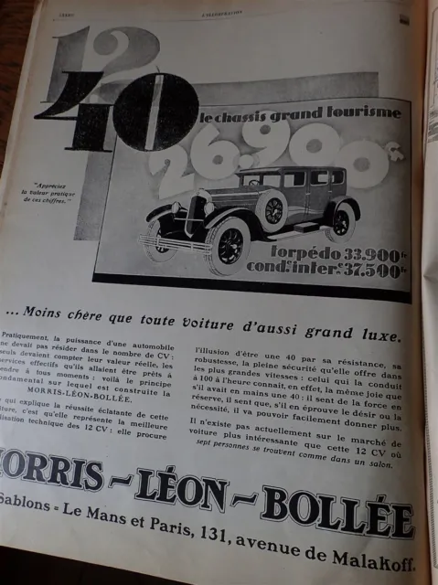 MORRIS LEON BOLLEE 12 CV automobile publicité papier ILLUSTRATION AUTO 1927 col