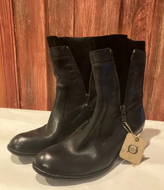 Born Black Leather Biker Boots Dual Zipper Block Heel B50703 Women’s Size 10