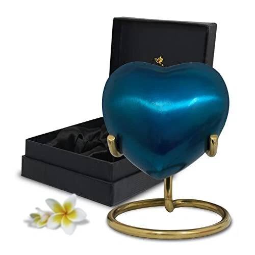 Urna de recuerdo Corazón Azul - Mini urna de cremación con soporte y caja - pequeña ur...