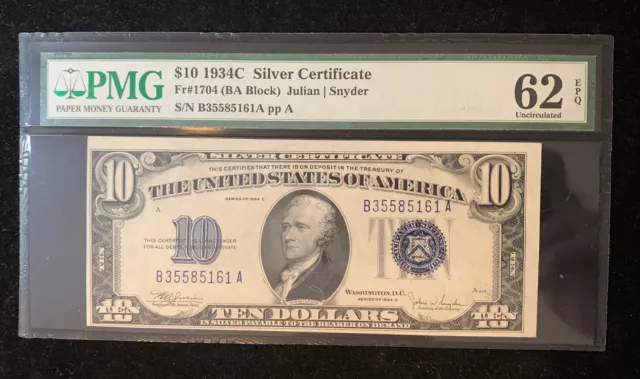 1934 C $10 Silver Certificate Note Fr.1704 Ba Block Pmg 62 Epq
