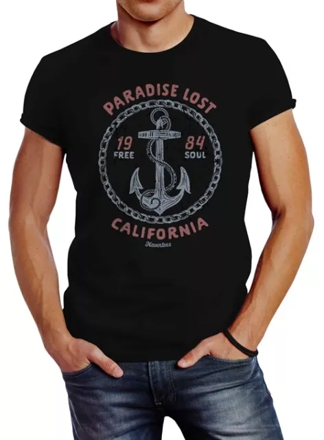 Neverless® Herren T-Shirt Anker Motiv maritim Schriftzug California Paradise