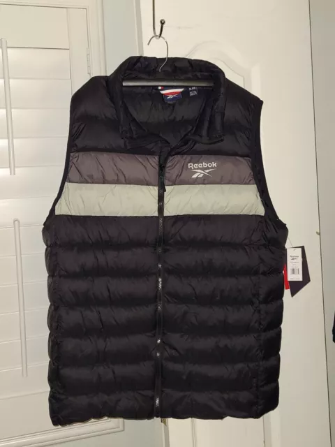 NEW W/TAG Men's Reebok Puffer Vest Black Nylon Full Zip Filled Jacket Sleeveless