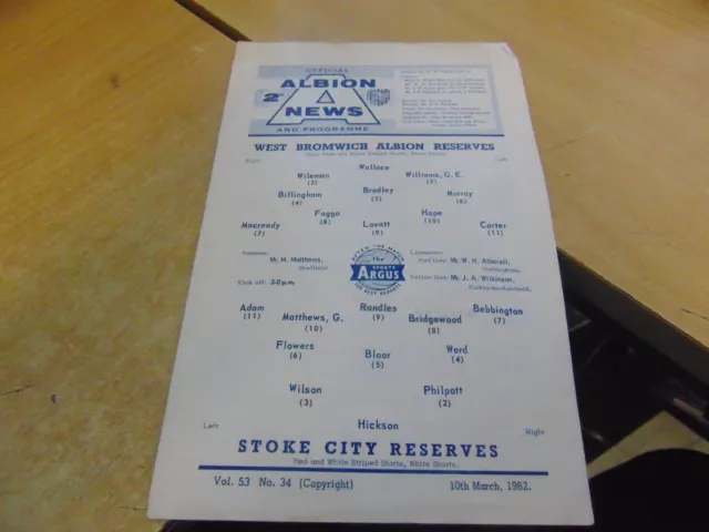 Reserves 1961/2 West Bromwich Albion v Stoke City Mar 10 creasing