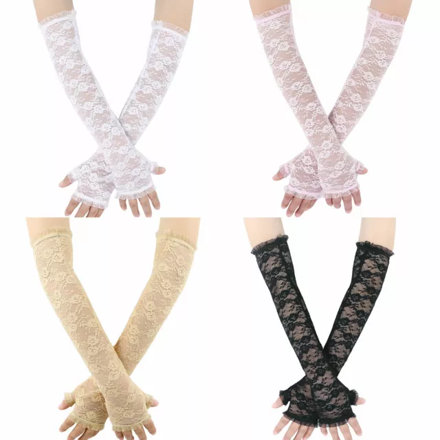 Ladies Floral Lace Half Finger Hollow Out Elbow Gloves Party Costume Wedding 16"