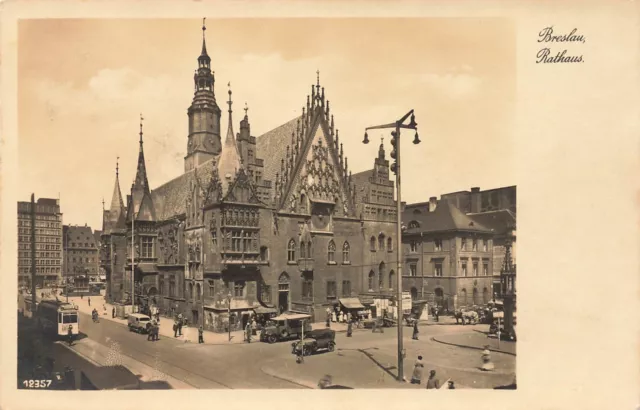 Breslau Rathaus Straßenbahn PKW Wrocław Postkarte 1941