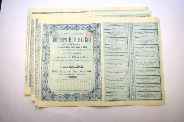 Manufactures De Lin Et De Coton De Kostroma Action 500 Francs 1899 X 10 Actions