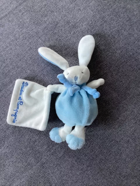 0/  Lapin  DOUDOU ET COMPAGNIE Bleu  carré plat blanc Cueillette Mouchoir DC2575