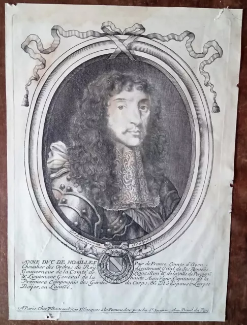 Gravure en noir du XVIIe siècle Nicolas de Larmessin " ANNE DUC DE NOAILLES "