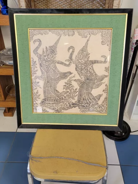 Vintage  Thai Temple Rubbing w/two Green Dancers
