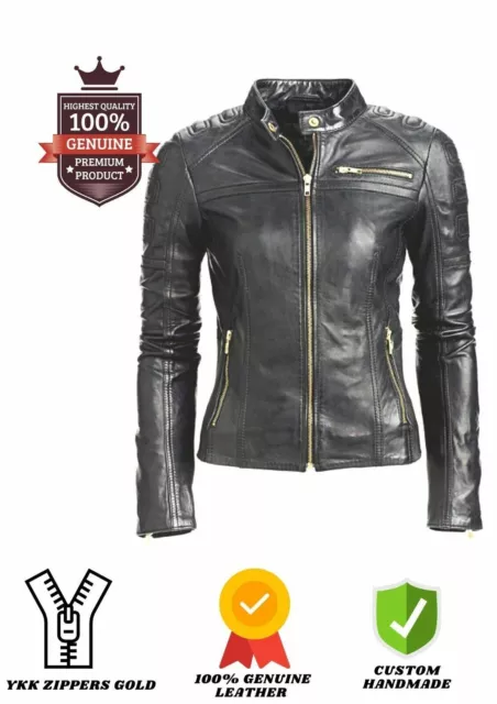 Women's Black Biker Slim Fit Leather Jacket  Motorcycle Genuine Lambskin Jacket