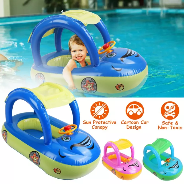 Baby Pool Float with UPF 50+ Canopy Car Shaped Inflatable Infant Swim Float Boat