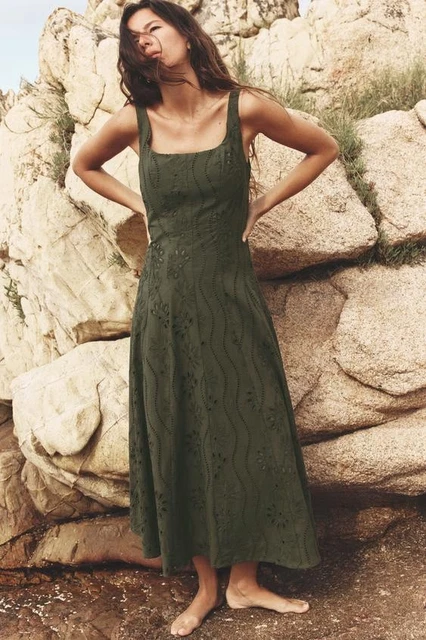 ZARA NEW WOMAN Strappy Embroidered Eyelet Midi Dress Dark Khaki  3269/836/507 32.49 - PicClick UK