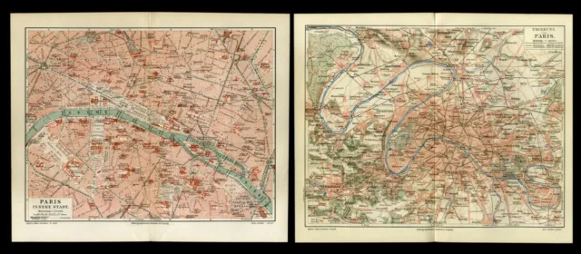 2 alte original lithographische Tafeln Karten von 1909 Paris old map Stadtplan