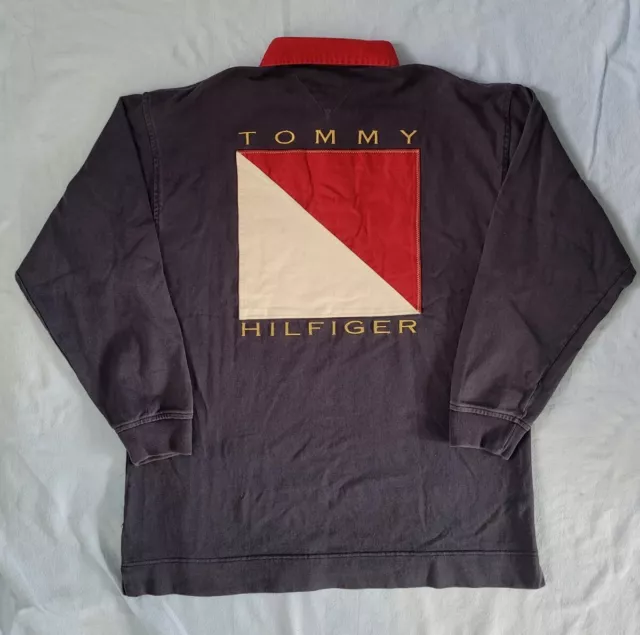 TOMMY HILFIGER VTG Big Flag Logo Long Sleeve Polo Rugby Shirt Men L Navy Blue