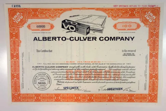 Alberto-Culver Co 1961  Specimen Stock Certificate 100 Shrs XF ABN Orange