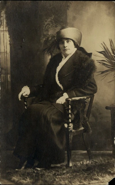 RPPC Edwardian fashion big hat fur stole Jenny Lind chair? ~ real photo postcard