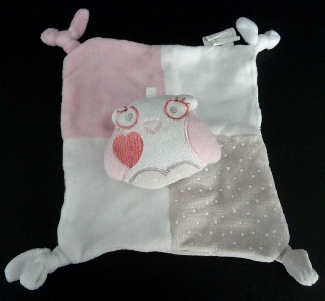 38. Doudou Plat Siplec Hibou Chouette Oiseau Rose Blanc Gris Carre - Ttbe *