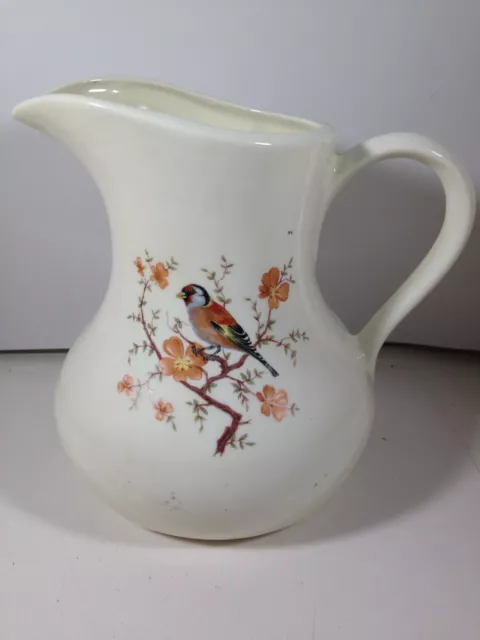 Vintage Ceramic Sparrow Floral White Pitcher 7”