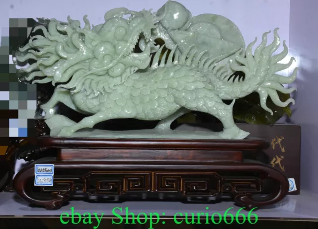 12.2'' Natural Green Xiu Jade Kylin Kirin Chi-Lin Kilin Qilin Yuanbao Statue