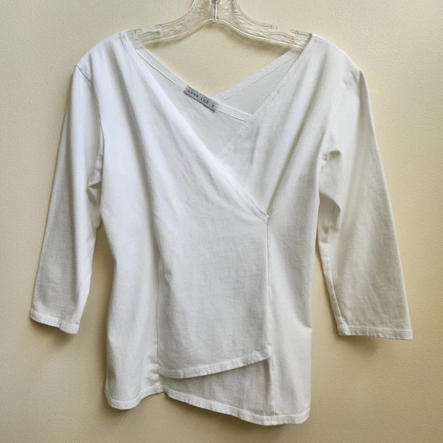 Luna Luz Faux Wrap Top Women Small White 3/4 Sleeve Blouse Shirt Pullover Spring