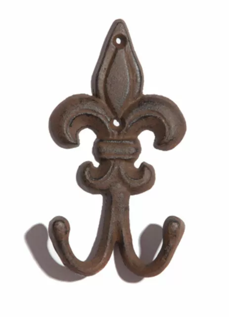 Fleur De Lis 2 Hook Cast Iron Rustic Brown Antique Style Coats Keys Hats Leads