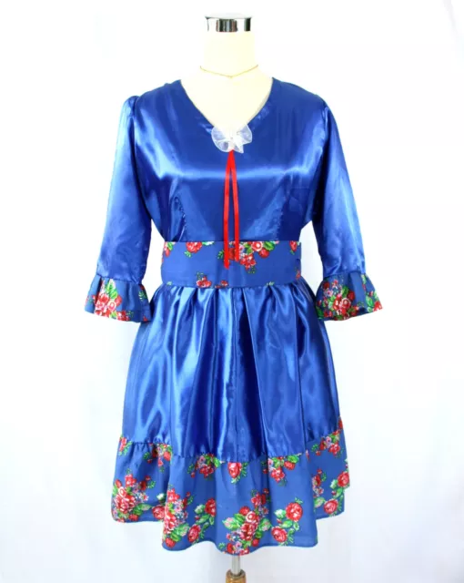 Handmade Blue Satin Floral Roses Square Dance Dress w Ruffles Sash 3/4 Sleeve M