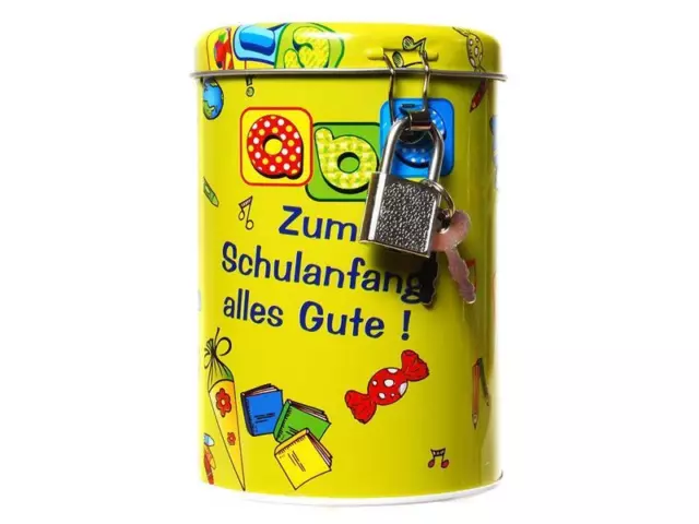 Spardose Metall mit Schloss "Zum Schulanfang alles Gute" Geldgeschenk Zuckertüte