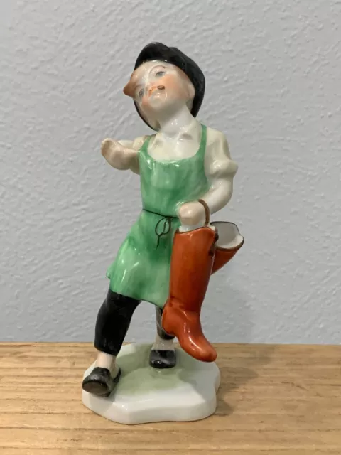 Vintage Herend Hungary Hand Painted Porcelain Boy Man Shoemaker Boot Maker