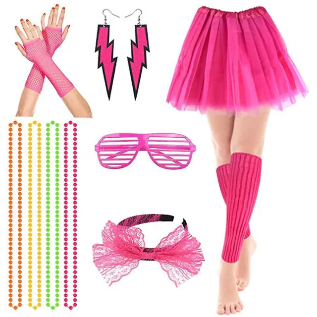 Neon Tutu Set Skirt Gloves Leg Warmers Beads Ladies Girls Retro 80s Fancy Dress