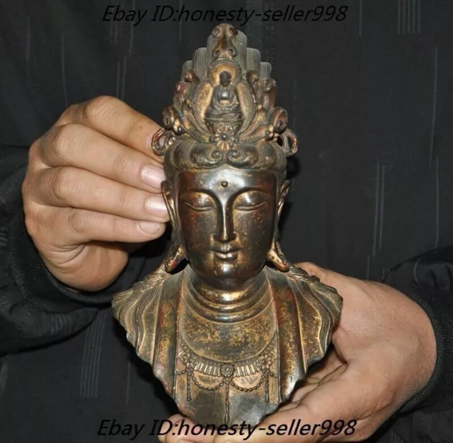 Old Chinese Buddhism temple Bronze Gilt Kwan-Yin Guanyin Bodhisattva bust statue