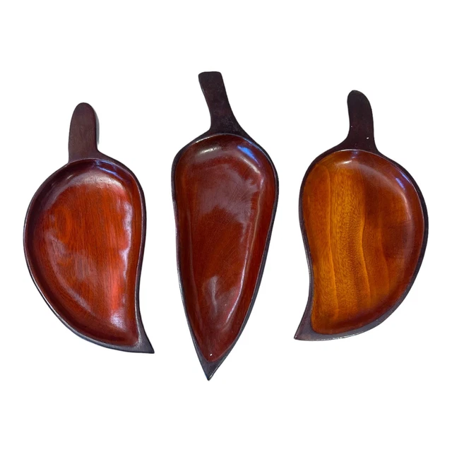 MCM Hand Carved Wood Bowl Leaf Lot of 3 Snack Dishes Entertaining Serving Pieces