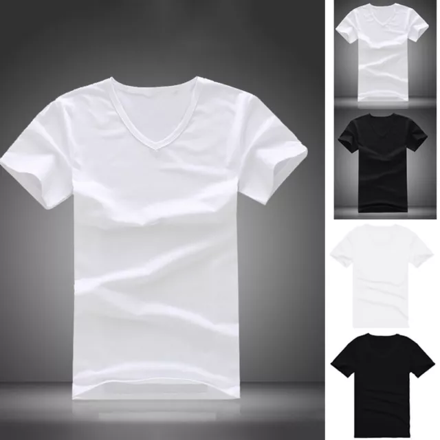 Mens V-Neck T-Shirt Slim Fit Gym Sports Short Sleeve Plain Cotton Tops Basic Tee