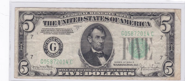 $5 1934-D Federal Reserve Note Chicago (7-G) Green Seal G05872014C