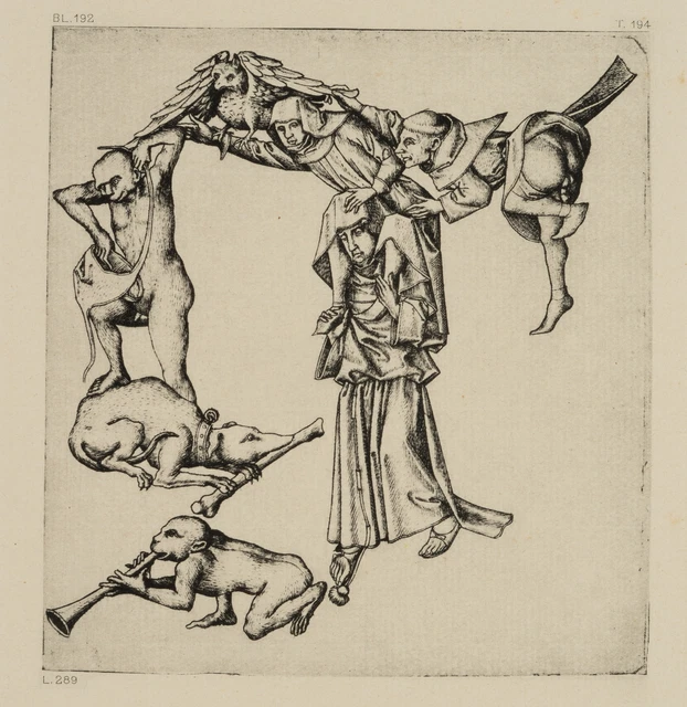 Secondo monogramma MEISTER ES (*1450), alfabeto figure. Lettera G. Reichssruck, Re