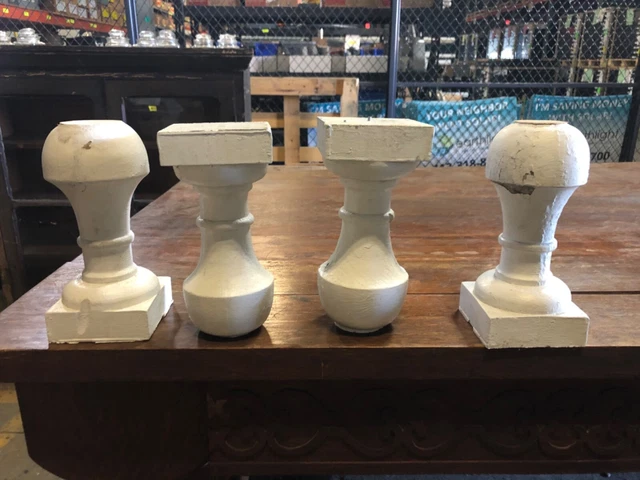 4 vintage turned porch baluster elements 8.25” h x 4” square x 2” diameter