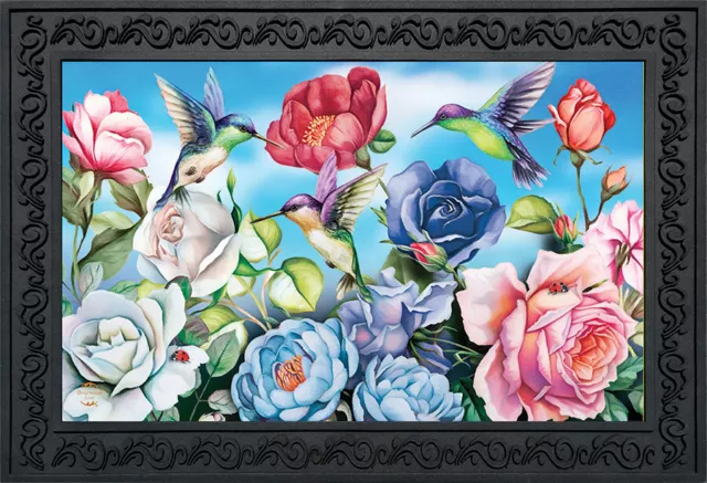 Hummingbird and Roses Spring Doormat Floral Butterfly Indoor Outdoor 18" x 30"