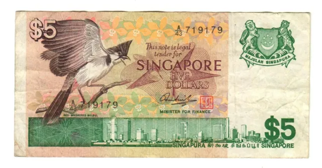 Singapore 1976 - 5 Dollars Banknote - Red-whiskered Bulbul - # A/43 719179
