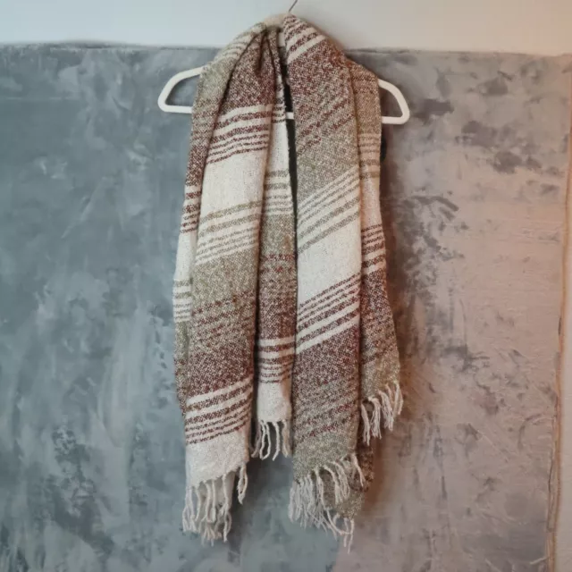WOOLRICH Blanket Scarf Cream Brown Knit Striped Rustic 27x68" Soft Wrap Shawl