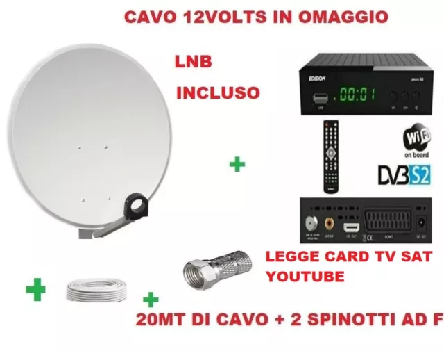 Kyt Parabola 80Cm +Lnb+Decoder Wifi Tv Sat Edision 12V  + Cavo Sat + Cavo Hdmi