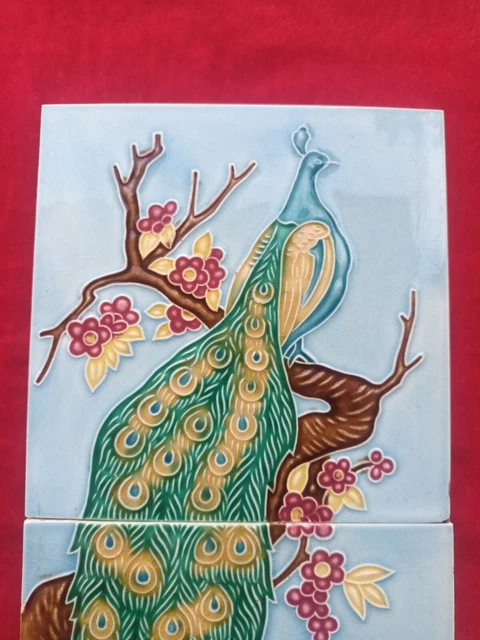 1 Piece Set  Peacock Design Old Art Deco Majolica Ceramic Tiles Japan 0317 10