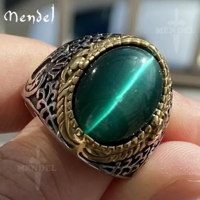 MENDEL Mens Gold Plated Green Cats Eye Stone Ring Men Stainless Steel Size 7-15