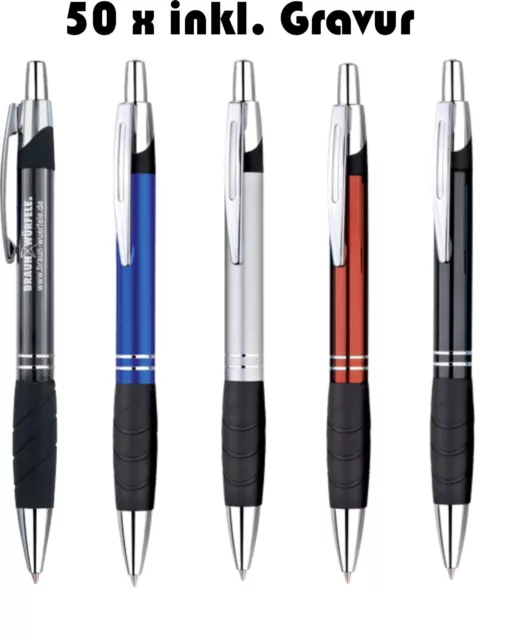 50 x Exklusiver Kugelschreiber aus Aluminium inkl.Gravur mit blauer Großraummine