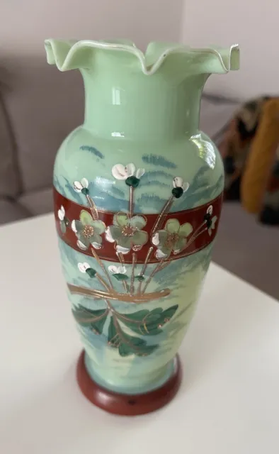 Antique Victorian Green Milk Opaline Glass Vase Hand Painted