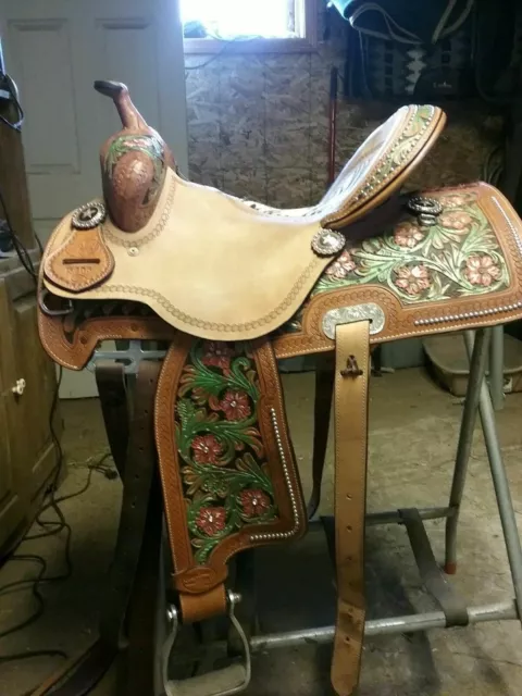 Hand painted barrel Western Pleasure Trail Co Reining Saddle 16" All Sizes